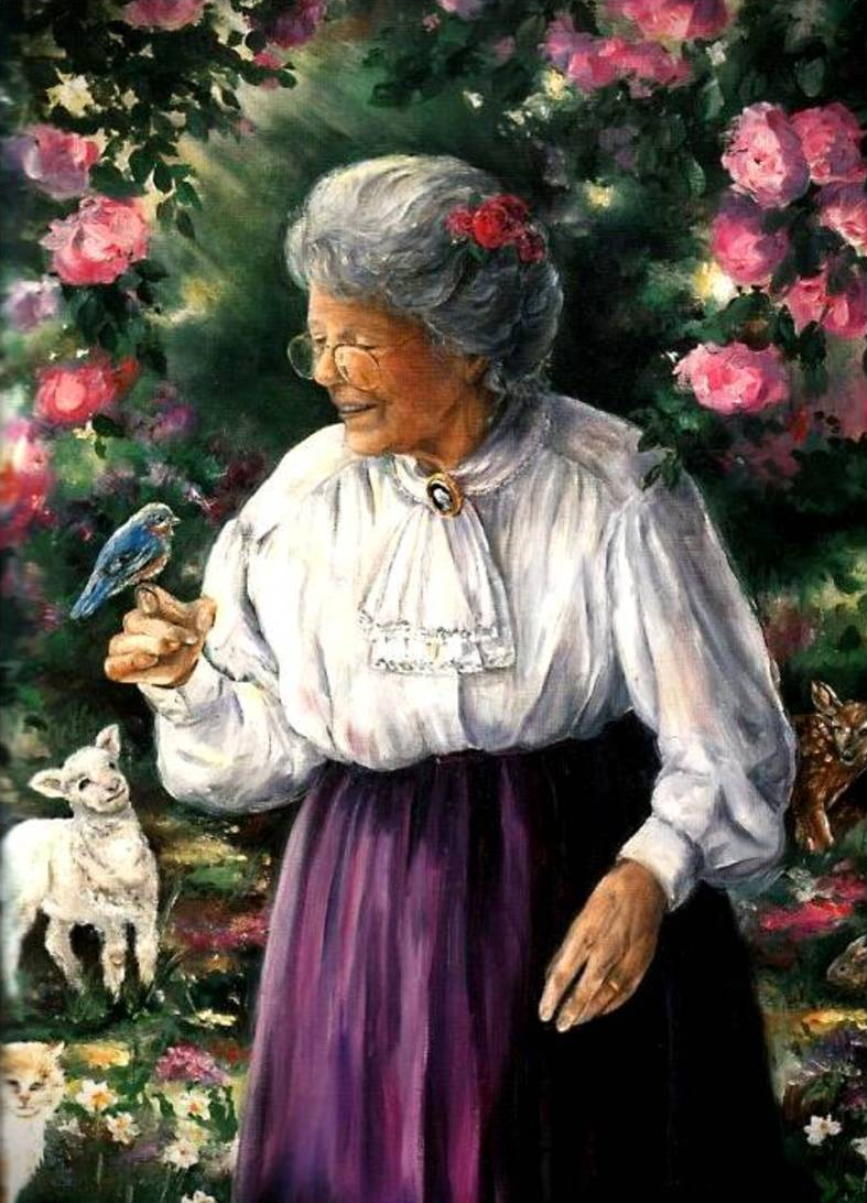 Картинка бабушка. Художник Паула Воган. Старушка живопись. Бабушка картина. Старушка в саду.